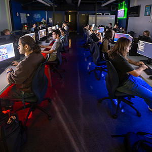 Students compete in a cyber attack challenge in the Cybersecurity lab.