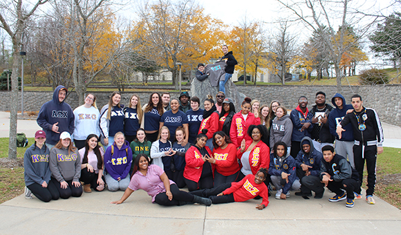 SUNY Canton greeks pose together in the Roselle Plaza