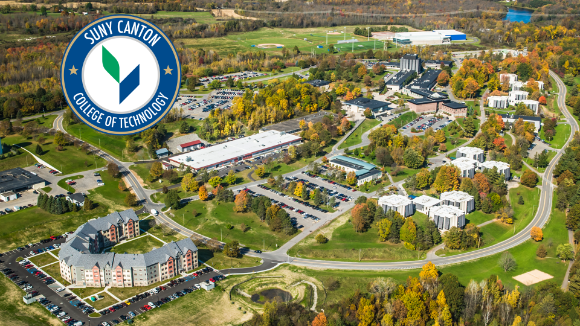 Aerial of SUNY Canton campus with circle logo