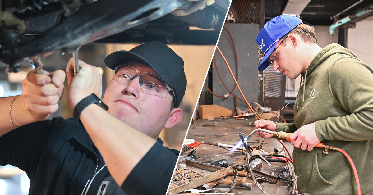 Byron Amaya removes a sway bar link. Turner Sochia brazes a piece of copper tubing.