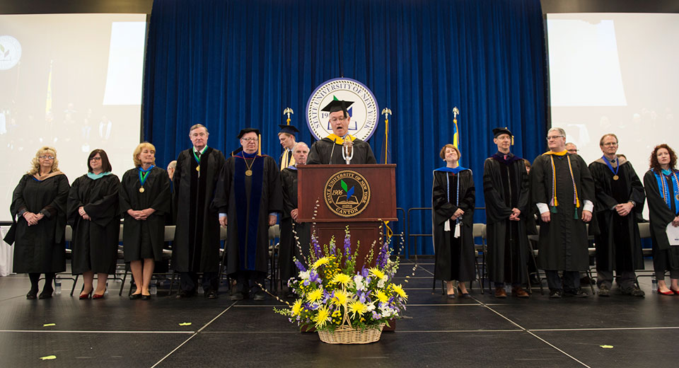 The stage party at SUNY Canton's spring 2019 Commencement Ceremony