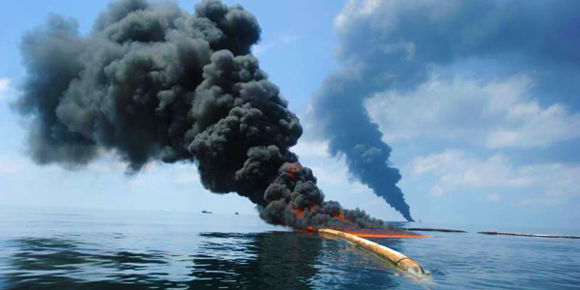 An oil spill in the Gulf of Mexico burns