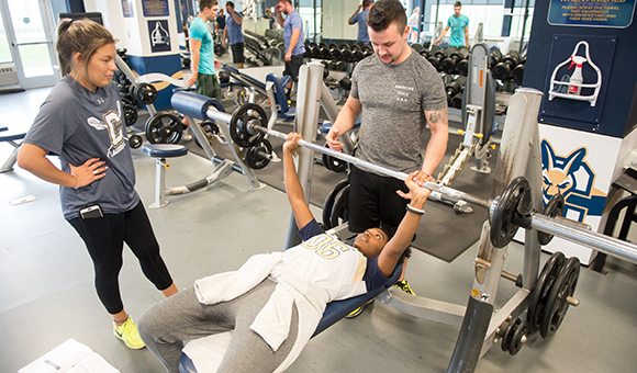 A student bench presses in the Fitness Center while two other spot