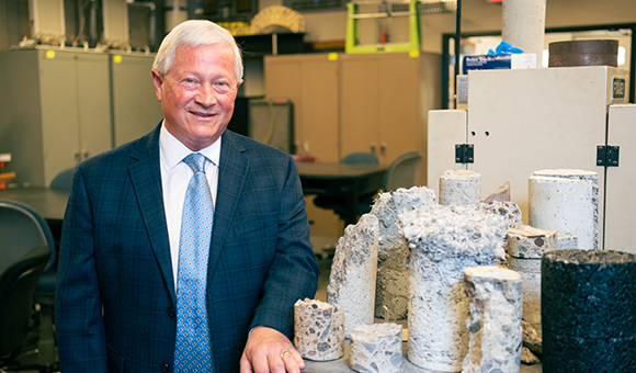 Donald Garrett stands inside the newly-named Don '72 and Jamie Garrett Civil Engineering Technology Laboratory.