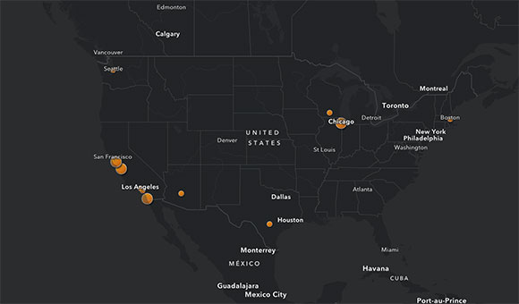 US Map detailing coronavirus outbreaks by city