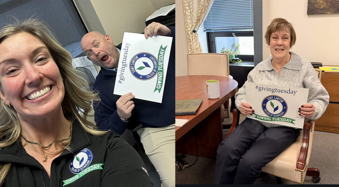 Jamie Burgess snaps a selfie of Corey Jordan holding a Giving Tuesday sign. Provost Peggy De Cooke holds a sign in her office.