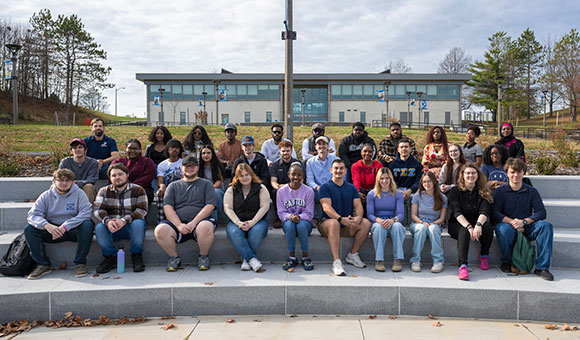 SUNY Canton interns gather at the amphitheater in Roselle Plaza.