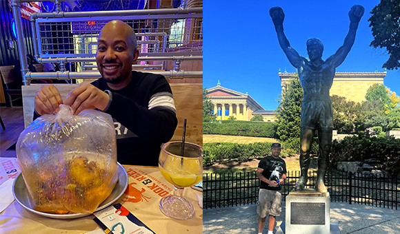 Split photo: Irad Vanterpool eating dinner and with the Rocky statue in Philadelphia.