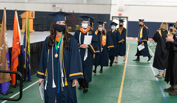 Isabela Spelta joins the recessional at the conclusion of the college’s 2020 Commencement Ceremony.