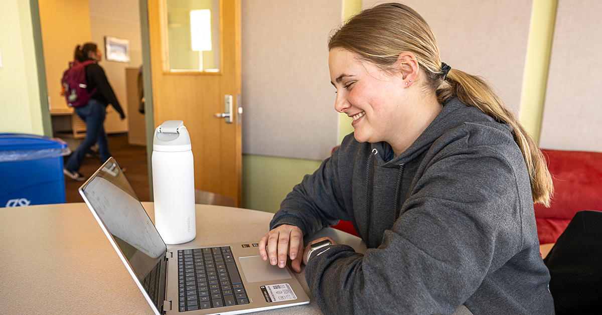 A student works on a laptop in a Southworth Library study room.