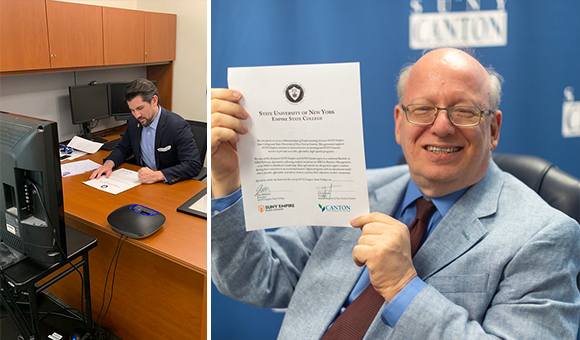 SUNY Empire President James Malatras signs the MOU, SUNY Canton President Zvi Szafran holds up the signed MOU.