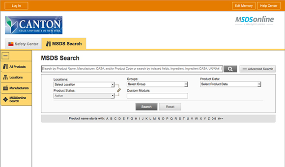 Screenshot: MSDS Search panel