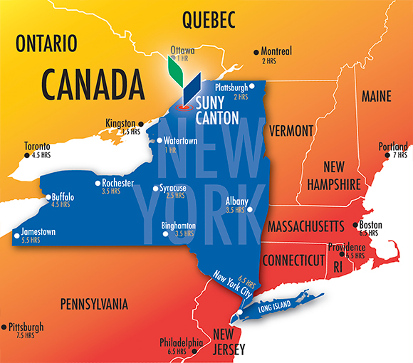 Map of New York and adjacent states and provinces.