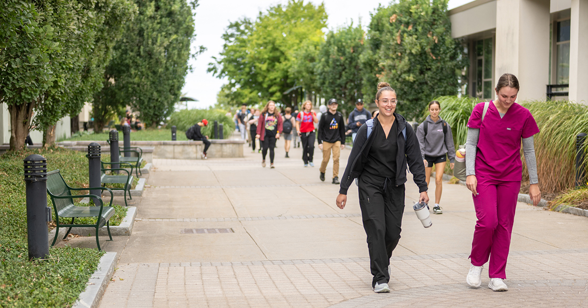 Several students walk along the plaza walkway between Cook and Payson Halls.