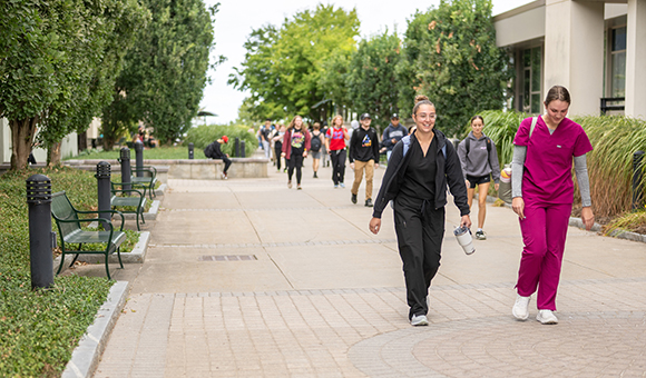 Several students walk along the plaza walkway between Cook and Payson Halls.