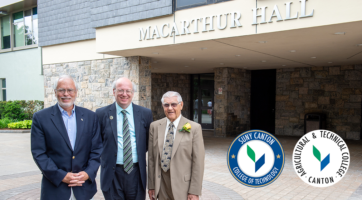 SUNY Canton Presidents Joseph Kennedy, Zvi Szafran, and Earl MacArthur stand out side the newly named MacArthur Hall in 2015.