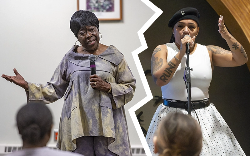 Bettie Mae Fikes speaks to students in the Miller Campus Center. Queen Sheeba performs at Chaney Dining Center.