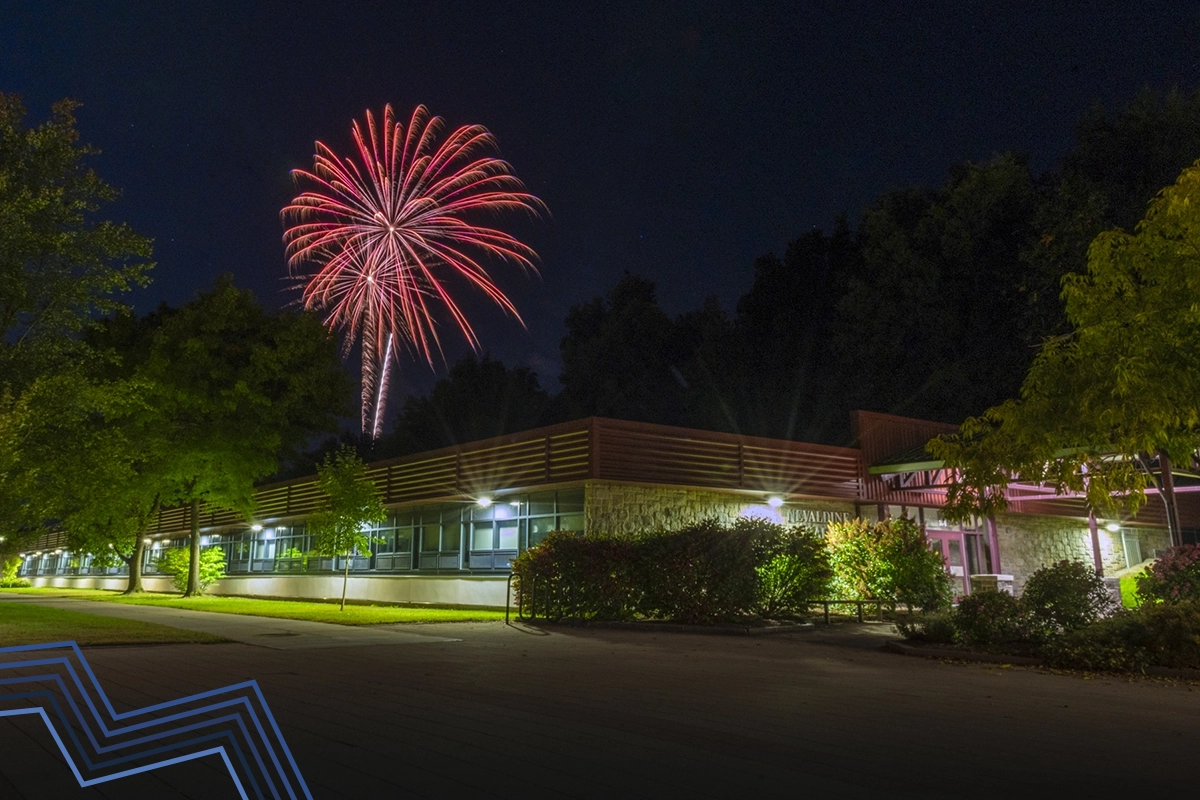 Fireworks over Nevaldine Hall.