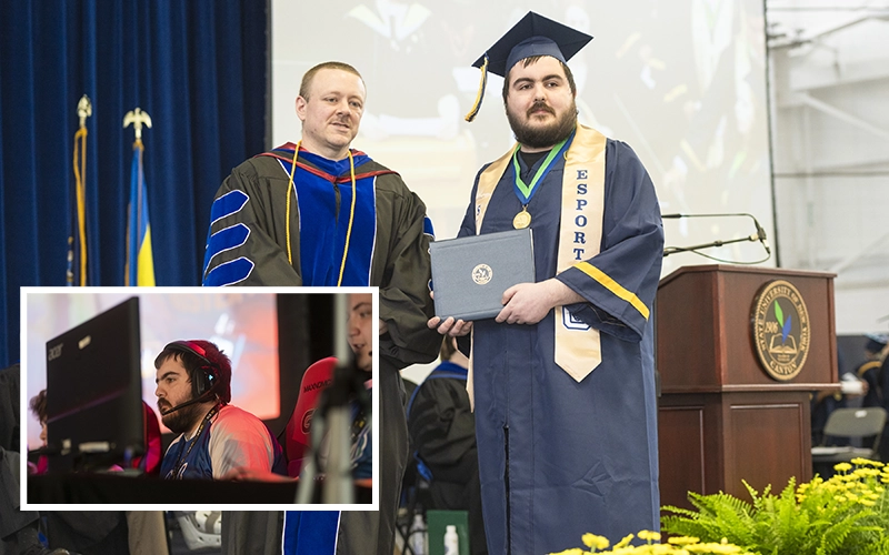 Kal-El Key accepts his diploma from Interim Dean Kirk Jones during the 2024 Commencement ceremony. Inset depicts Kal gaming during an esports tournament.