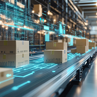 Boxes move along a conveyor belt.