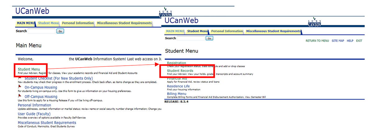 Screenshot: Select Student Menu and Student Records