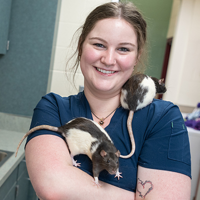 A vet tech student holds two rats.