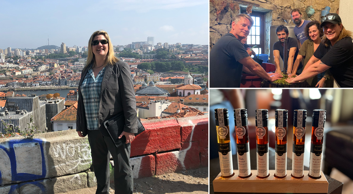 Composite: Professor Dawn Robinson stands near the Porto port, wine making, bottles of wine at a formal dinner.