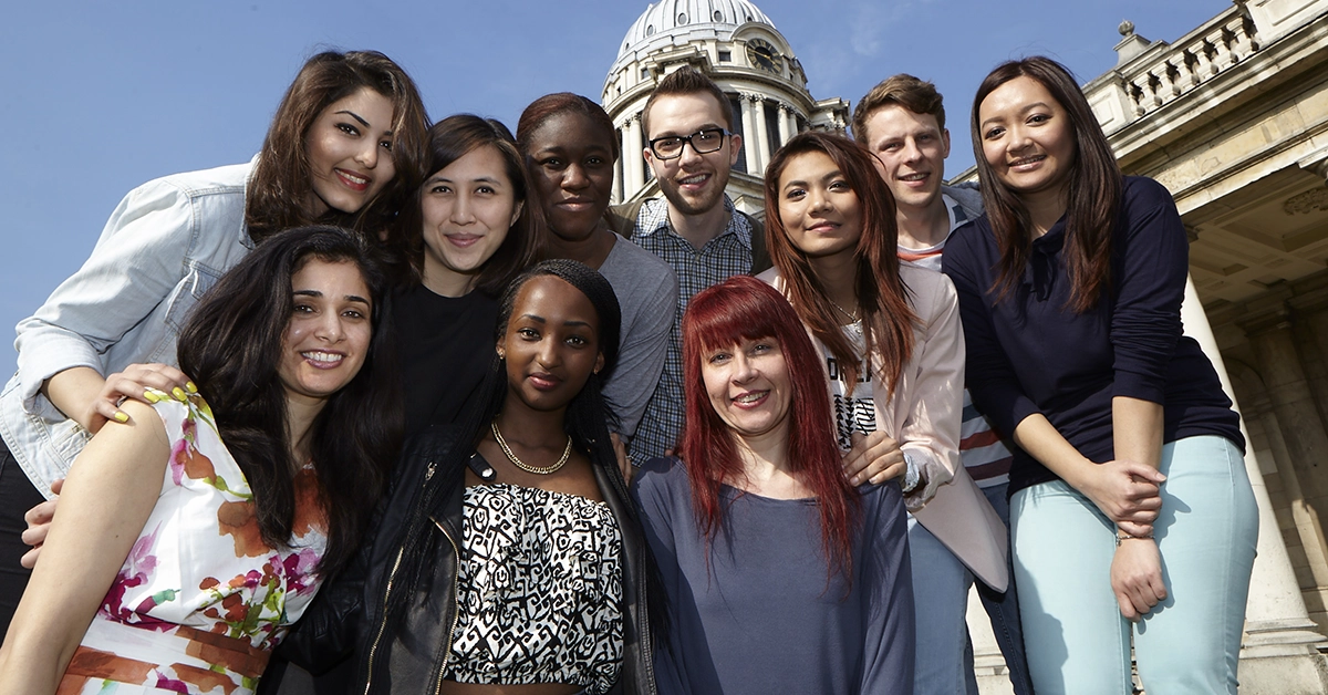 Diverse students grouped together on a study abroad trip to Greenwich.